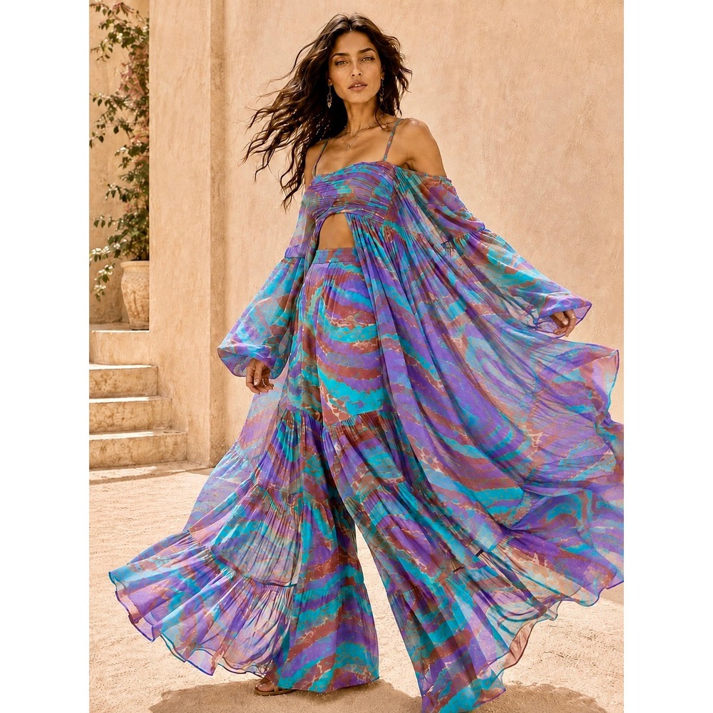 Boho Indian Festival Small Teal Purple Abstract Poet Sleeve Wide Leg 2 Piece Set